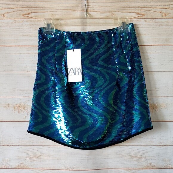 Zara Sequin High Waisted Mini Skirt in Blue and Green Wave Pattern Retro Size XS - Picture 7 of 12